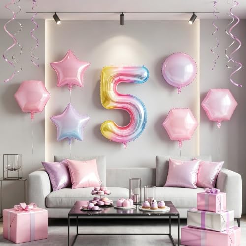Image of Rainbow Number Balloons Birthday Balloons - Giant Number 5 Balloon 40 inch, Numbers Balloon Birthday Decorations, Rainbow Party Supplies for Baby Shower