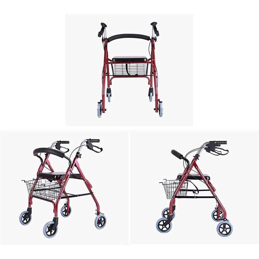 Andador Plegable con Ruedas Andador con Asiento Y Ruedas, Andador con Frenos Andador Plegable para Personas Mayores, Marco De Acero Duradero Que Soporta hasta 400 Libras, Rojo