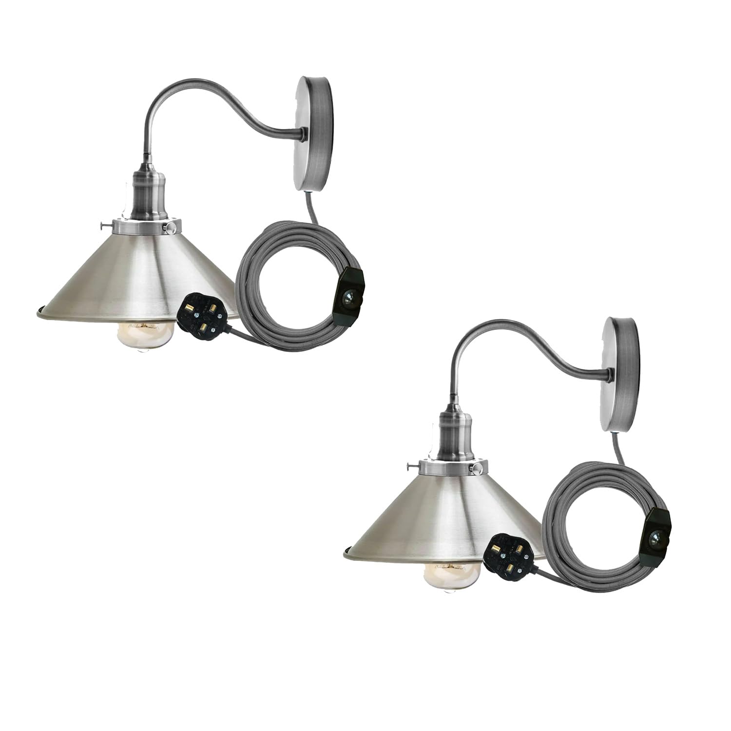 LEDSone 2 Pack Retro Industrial Wall Sconce Light Plug-in Wall Lamp with Swan Neck Arm On/Off Switch Cone Lamp Shade Adjustable Light for Living Room Bedroom Hallway Office