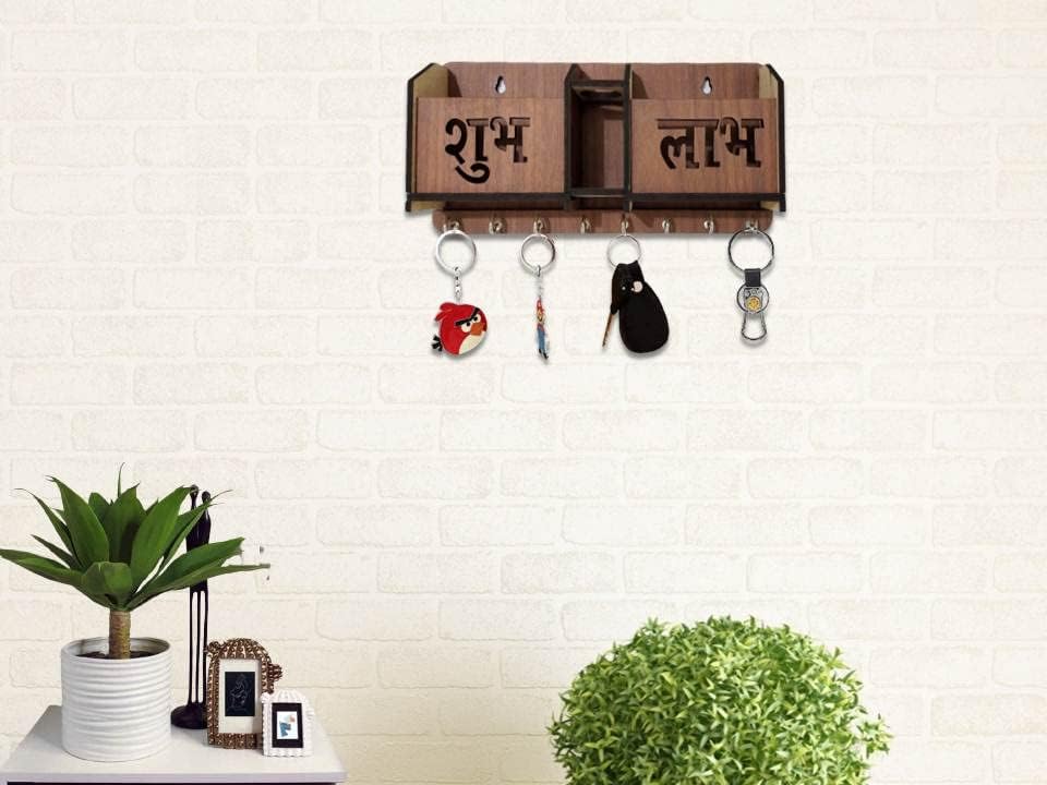Image of Shubh Labh Key Holder Unique Designer 2 Pocket Pen and Mobile Stand Stainless Steel 8 Hooks Wooden Key Holder for Home, Key Stand for Wall, Key Organizer for Office, Hall Decoration