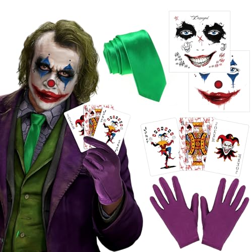 DPKOW Acessórios para disfarces de Halloween, tatuagem temporária do Joker, gravata do Joker, luvas roxas de póquer para disfarces, acessórios para disfarces