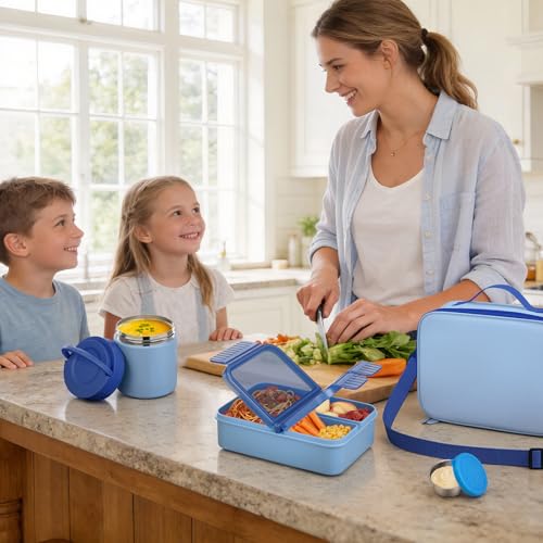 Image of WyfKyd Snack Box Container Set with Soup Thermo Kids Adults Bento Lunch Box | Snack Box Container Set with 10.5oz Soup Thermo and Bag for Kids Adults Bento Lunch Box for Office School Travel Outdoor Blue