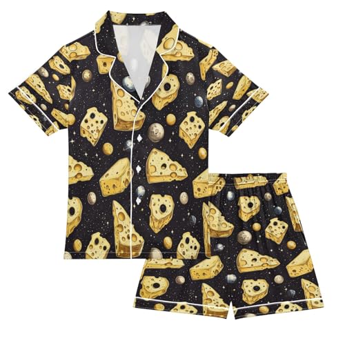 Satin Pajama Sets Short Sleeve Cheese Pieces in Space Pattern Button Down Silky Nightwear 2 Piece PJS 5-14Y