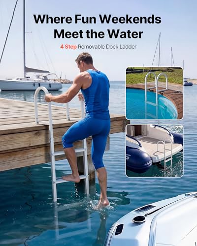 Image of VEVOR Removable Dock Ladder, 4 Steps, Aluminum Alloy Pontoon Boat Swim Ladder, with Non-Slip Wide Steps, 500 lbs Weight Capacity, Quick Release Design, for Lake Swimming, Pool, Boat, Marine Boarding