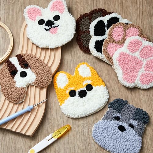 Image of Preboun 8 Pcs Puppy Punch Needle Coaster Kit, Dog Punch Needle Embroidery Kit for Adults Beginners, DIY Felting Set Supplies Tufted Coaster Including Yarns Hoop Tools Instruction