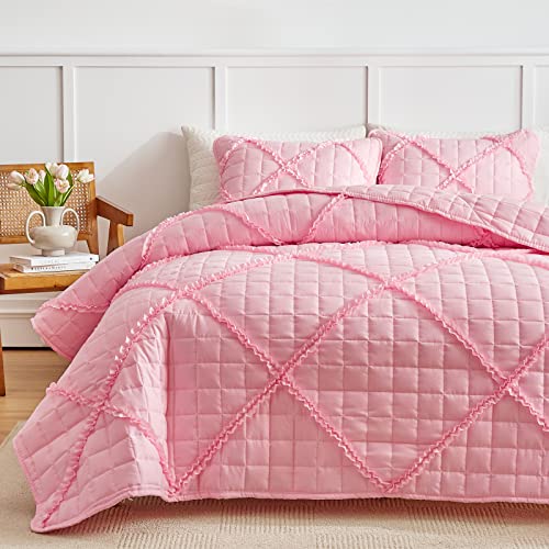 Aikasy Queen Size Quilt Set – 3 Piece Farmhouse Bedding Set With Ruffle, Lightweight Quilt And Pillow Case, Boho Chic Bedding Set For Adding Bohemian Style (Pink, 88"X88") #TOP30