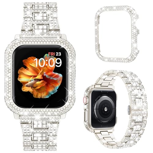 Mosonio Compatible with Bling Apple Watch Band Women 40/44/41/45/42/46mm with Shiny Metal Case, Full Sparking Luxury Diamond Bands and Cover Set, Char