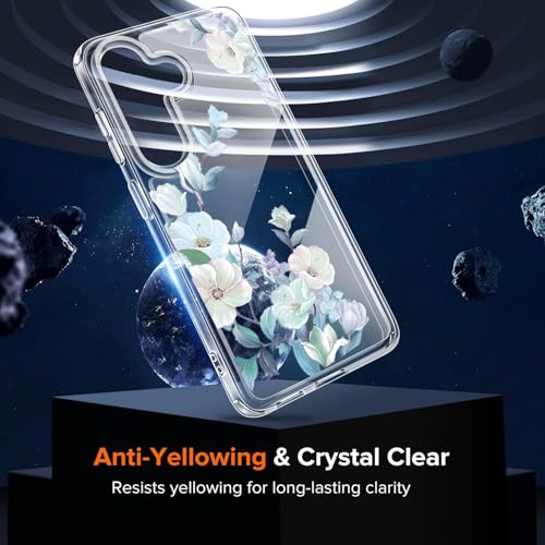 Image of Elzzi Compatible with Samsung Galaxy S26 Plus 5G Case, Clear Transparent Floral Back Cover, Shockproof PC+TPU Protective Case, Wireless Charging Support, Blue