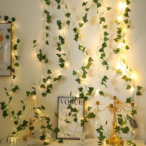 LED Lichterkette Efeu Künstlich,2M Fake Efeu Girlande mit 20 LED-Licht Batterie,Efeu Künstlich mit Lichterkette,Grüne Blatt Efeuranke für Schlafzimmer,Kinderzimmer,Hochzeit,Bücherregal Dekoration