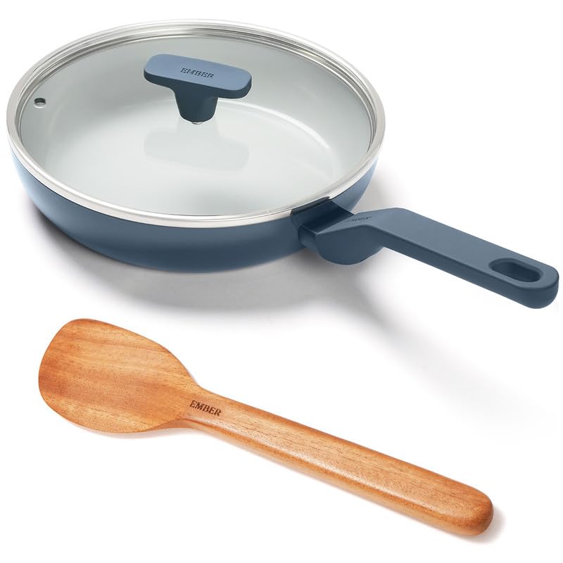 Image of Ember Cookware Arcilla Ceramic Frying Pan 24cm | Non Stick Cookware | Non Toxic Pan with Glass Lid | ISI Certified | Ceramic Fry Pan for Cooking | PFAS PTFE Free | 5-Year Warranty | Blue