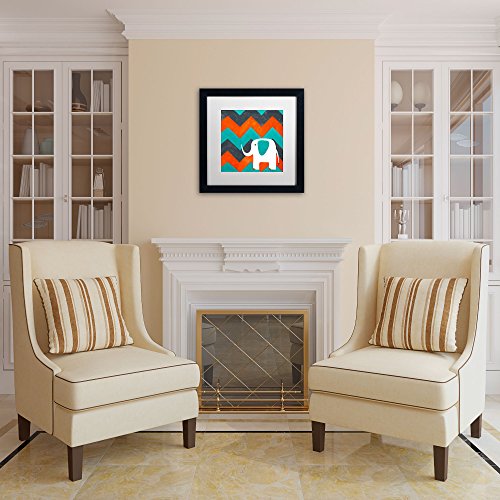 Elephant On Chevron Art By Nicole Dietz In Black Frame, 16 By 16-Inch, White Matte #TOP3
