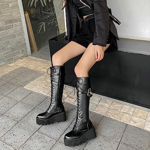 Image of Parisuit Women's Knee High Goth Platform Boots Lace Up Combat Boots | Chunky High Heel, Buckle Boots, Punk Chain Boots