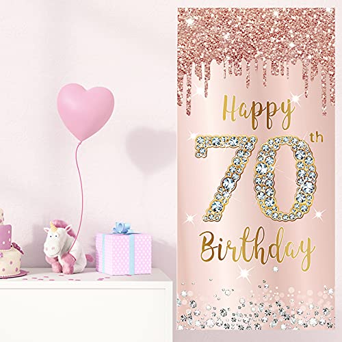 Image of 70th Birthday Door Banner Decorations for Women, Pink Rose Gold Happy 70th Birthday Door Cover Backdrop Party Supplies, Large Seventy Year Old Birthday Poster Sign Decor