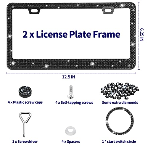 2 Pack Bling License Plate Frames With Gift Box, Sparkly Black Rhinestone Car Tag Frame Covers For Men, Women, Stainless Steel & Obstruction-Free Universal License Plate Holder #TOP3