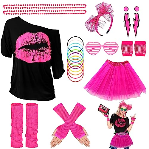 DGUSO Déguisement Année 80 Femme, Taille unique, T-Shirt, Tutu Rose, Lunettes, Jambières, Bandeaux, Boucles d'oreilles, Colliers, Gants en résille, Deguisement Femme Annee 80 pour Femmes et Filles