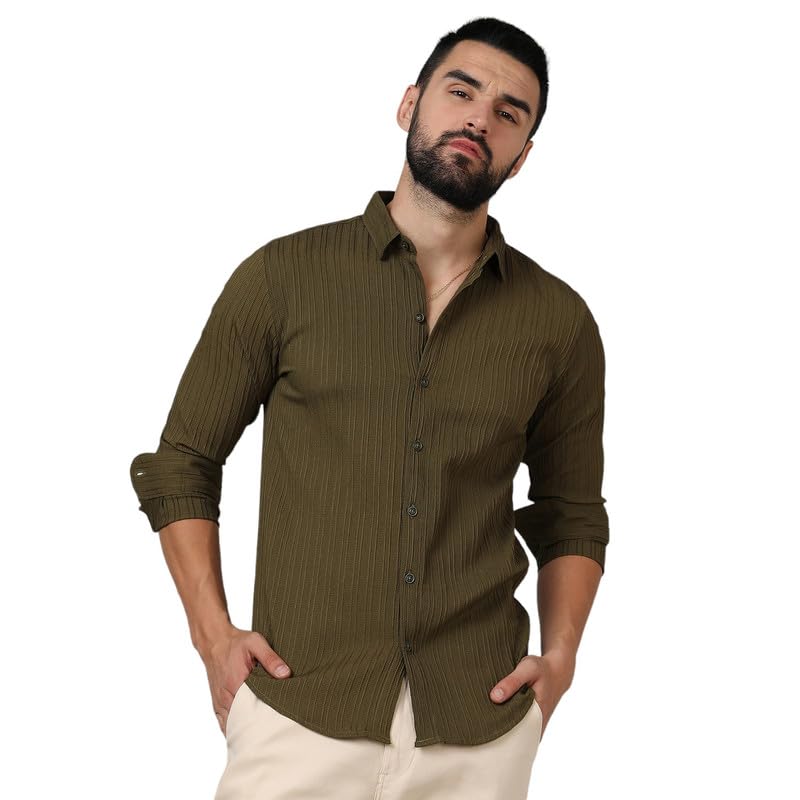Campus SutraMen's Polyester Regular Fit Twisted Crease Shirt for Casual Wear | Spread Collar | Long Sleeve | Button Closure | Shirt Crafted with Comfort Fit for Everyday Wear