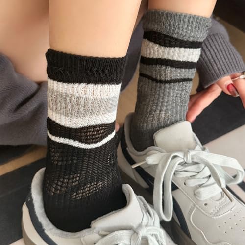 Women's Mid-Calf Socks 4 Pairs Vintage Striped Crew Socks with Breathable Cut-Out Design3