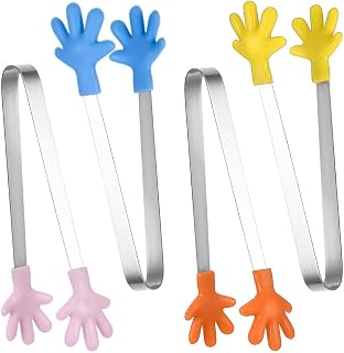 4 Stück Mini Zuckerzangen aus Edelstahl mit Silikongriffen, Kinderfreundliche Servierzange für Candy Bar, Buffet, Fingerfood, Party & Grill, 13 cm(Bunt Finger)