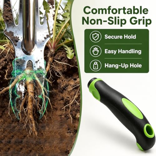 2-in-1 Stainless Steel Garden Weeder Puller, Heavy-Duty Weeding Tool with 4 Forked & Double Hook Teeth, Ideal for Lawns, Patios & Flower Beds, for Weeding, Tilling & Soil Loosening (Green-Small) - Image 4