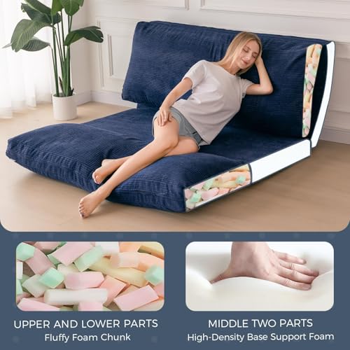Image of MAXYOYO Folding Sofa Bed, Floor Sofa Convertible Chair with Washable Cover, Floor Couch Lounge Bean Bag Chair Bed for Living Room, Navy, 30x91 Inch