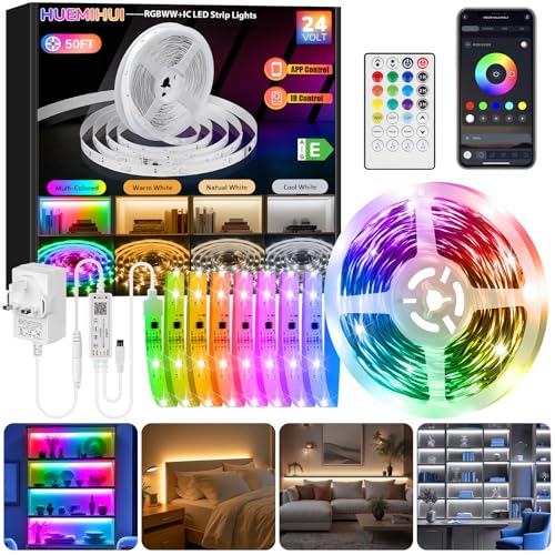 RGBWW+IC LED Strip Lights 15M,Dimmable Multi-Colored+3000K-6500K LED Lights with Remote and APP,Flexible Self-adhesive Color Changing DIY Tape Lights,24V Cuttable Indoor Strip Lighting for Home Stair