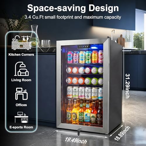 Image of 20 Inch Beverage Refrigerator - 145 Can Small Beverage Fridge for Home Office Bar, 3.4 Cu.Ft Drink Cooler for Soda Beer with Reversible Door, Digital Temperature Control