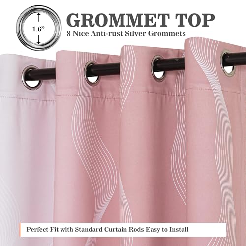 Image of MYSKY HOME Pink and Greyish White 95% Blackout Ombre Curtains 90 inch Long 2 Panels for Girls Bedroom Geometric Pattern Black Out Thermal Insulated Wave Line Foil Print Grommet Window Curtains, 52 inch W