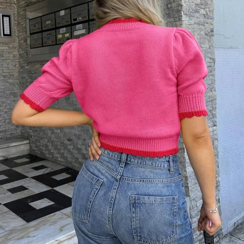 Women Cute Puff Short Sleeve Cherry Graphic Sweater Trendy Mock Neck Color Block Patterned Knit Cropped Tops Fall4