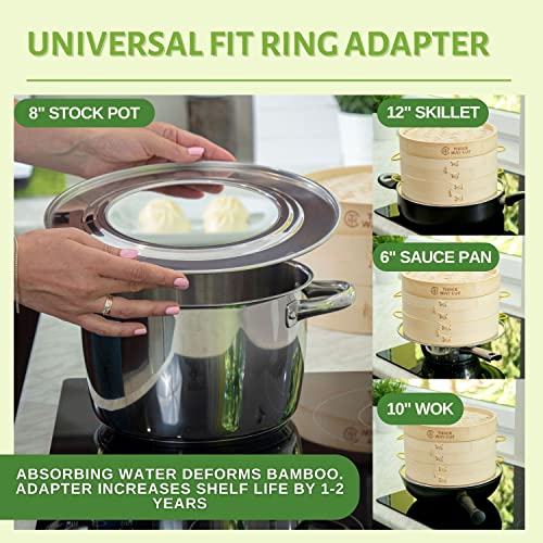 Bamboo Steamer 10 Inch 2 Tier Wooden Basket With Handle, Ring Adapter, Reusable Silicone Liner, Kit For Cooking Dumpling Baby Bao Bun, Dim Sum, Rice Potsticker Steaming Chinese Asian Food & Vegetables #TOP3