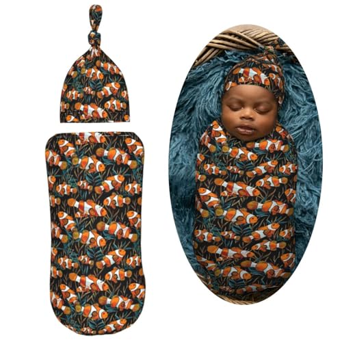 Image of Tropical Fish Clownfishes Newborn Swaddle Blankets Hat Sets Soft Baby Receiving Blanket Swaddle Sack for Baby Shower Infant Boy Girl Gift