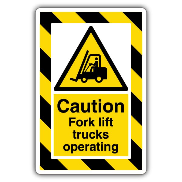 V Safety Caution Fork Lift Trucks Operating - ExtraViz 250 x 350 mm - 1mm Rigid Plastic Safety Sign, Yellow, 250x350mm