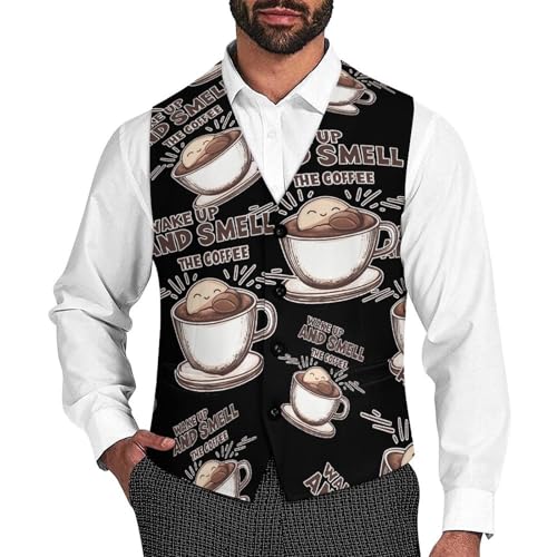 Wake Up And Smell The Coffee Casual Suit Vest for Men Formal Business Dress Regular Fit Waistcoat Tuxedo