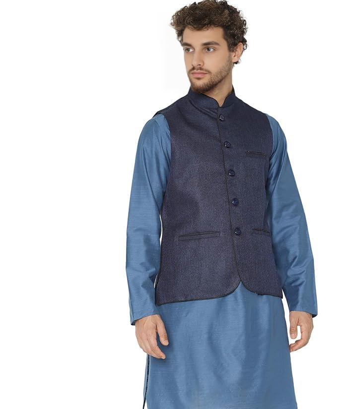 bobuti Men's Nehru Modi Jacket, Navy Blue Sleeveless Waistcoat, Traditional Indian Ethnic Wear, Cotton Fabric-picture-30