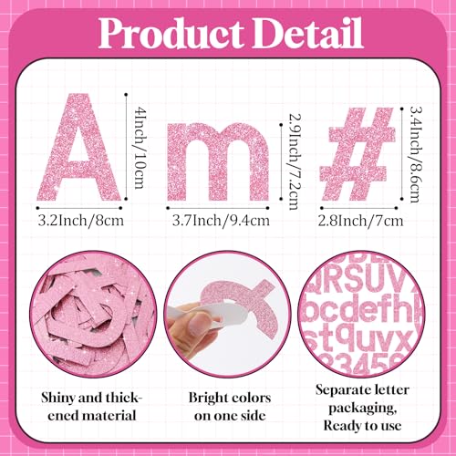 Image of Vuzvuv 295 Pcs Glitter Bulletin Board Letters and Numbers, 4 Inch Classroom Decor with Adhesive Points, Alphabet Cut Outs for School Display (Pink)