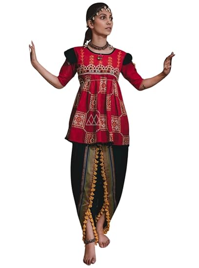 Women Indian Cotton Gujarati Garba Embroidered Kediya Dandiya Navratri Dress Kurta with Dhoti Pants