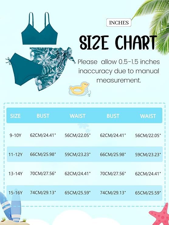 Image of Girls Swimsuit V Neck Bikini Set Color Block with Cover Up Skirt 3 Piece Bathing Suits Tween Swimwear 9-16 Years