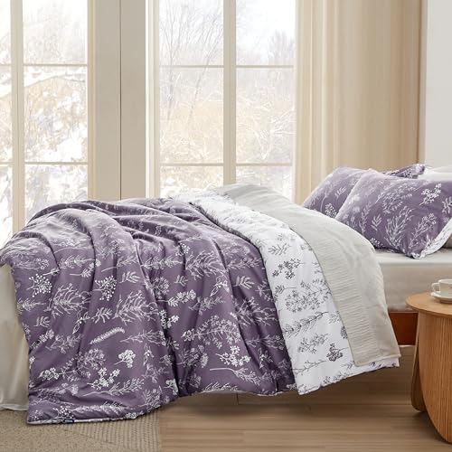 Image of Bedsure Full Comforter Set - Grayish Purple Bed Set, 3 Pieces Cute Floral Bedding, 1 Soft Reversible Botanical Flowers Comforter and 2 Pillow Shams