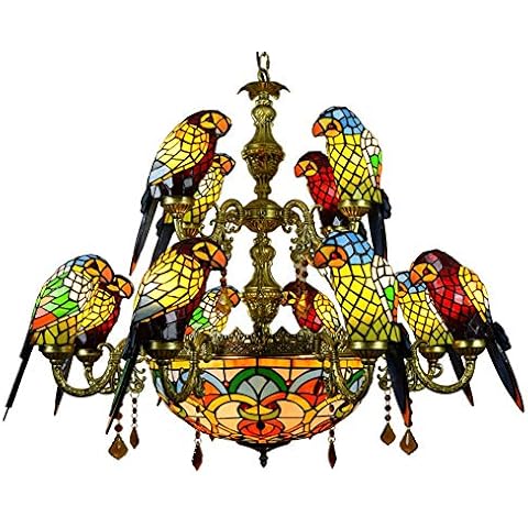 Blivuself 12 Heads Tiffany Large Parrot Bird Animal Stained Glass Chandelier Glass Crystal Pendant Lamp for Lobby Living Room Restaurant Lobby Villa Bar Chandelier Cover