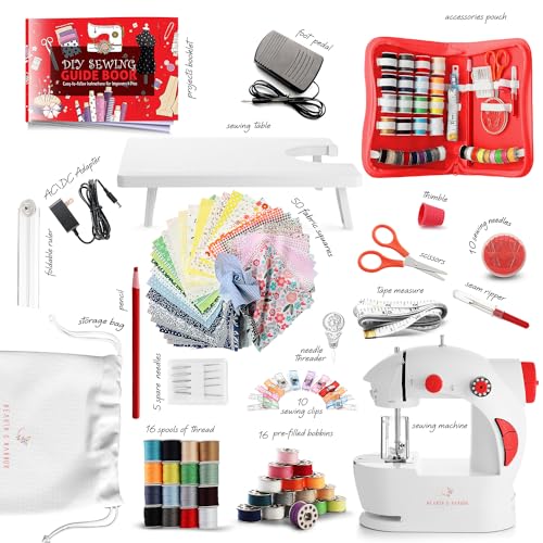 Image of Hearth & Harbor Mini Sewing Machine for Beginners, Dual Speed Small Portable Sewing Machine for Kids and Adults with Extension Table, 122 Piece Gift Set Includes, Fabrics, Project Book and More, Red