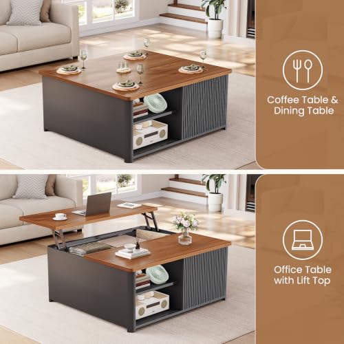 Image of SEDETA 31.5 inch Lift Top Coffee Table with Storage, Square Coffee Tables for Living Room, Fluted Coffee Table with Large Hidden Storage Compartment and Adjustable Shelves, Fluted Black