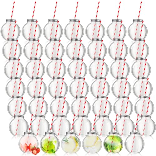 Yaomiao 48 Pcs 10 oz Mini Plastic Fish Bowl Ornament Cups for Drinks Clear Spherical Potion Bottles with Lids and Straws Bulb Cups for Christmas Carnival Candy Party Decorations (Red)