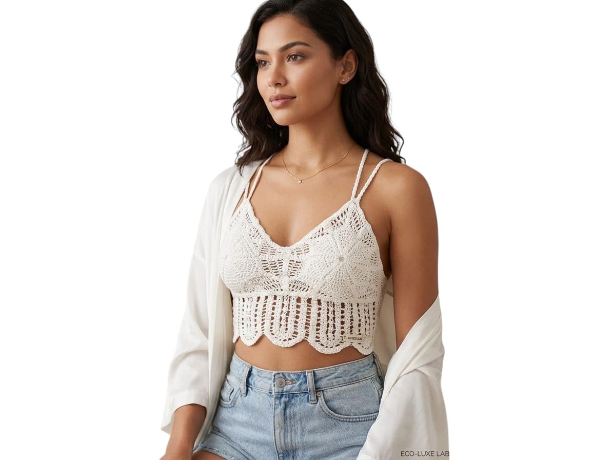 Women's Crochet Halter Crop Top, White, 100% Cotton, Boho Beach Style, Adjustable Tie, Scalloped Hem, Free Size-picture-30
