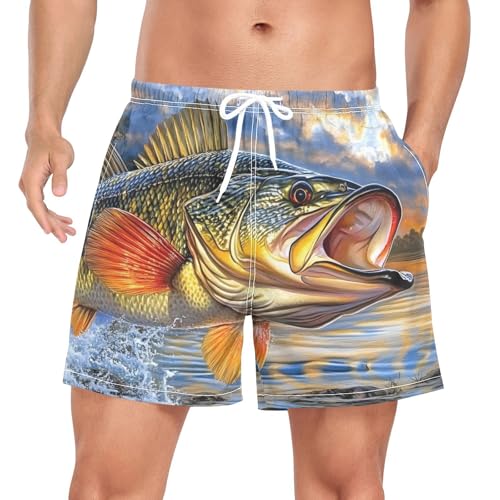 Mens Swim Trunks with Liner, Trout Water Swim Cool Quick Dry Beach Swim Shorts, Swimwear Bathing Suits S