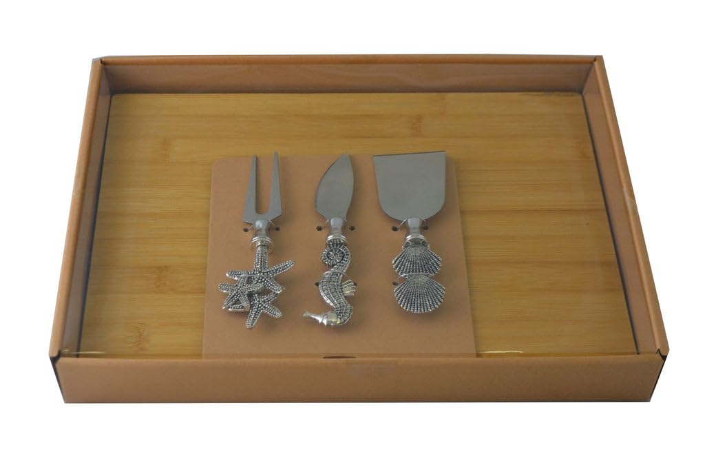 Bamboo Cheese Board Charcuterie Platter Set with Prong Fork and Two Knives in Silver Nautical Themed