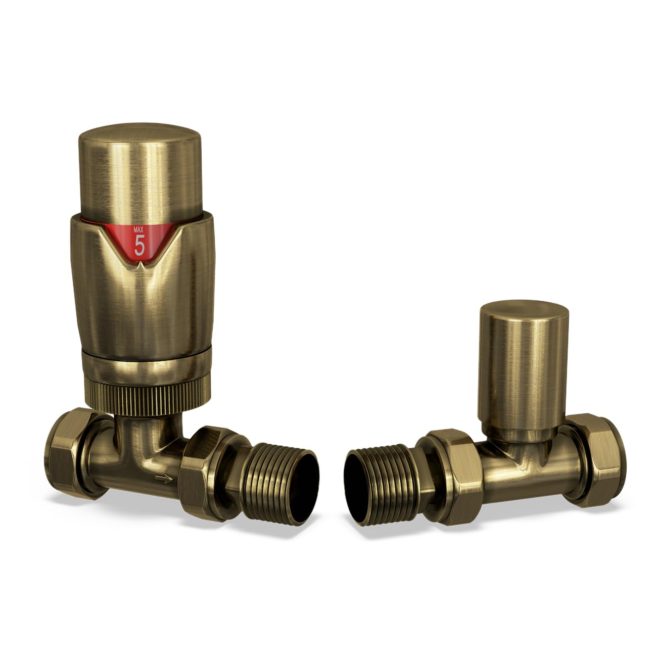 UK Radiators Thermostatic Radiator Valve (TRV), 15mm Straight Lockshield, Brushed Antique Old Brass Colour