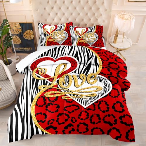 Image of AILONEN Couple Lover Bedding Set Queen Size,Black White Red Romantic Hearts Printed Comforter Set 3 Piece,Modern Bedroom Decor Soft Comforter with 2 Pillowcases