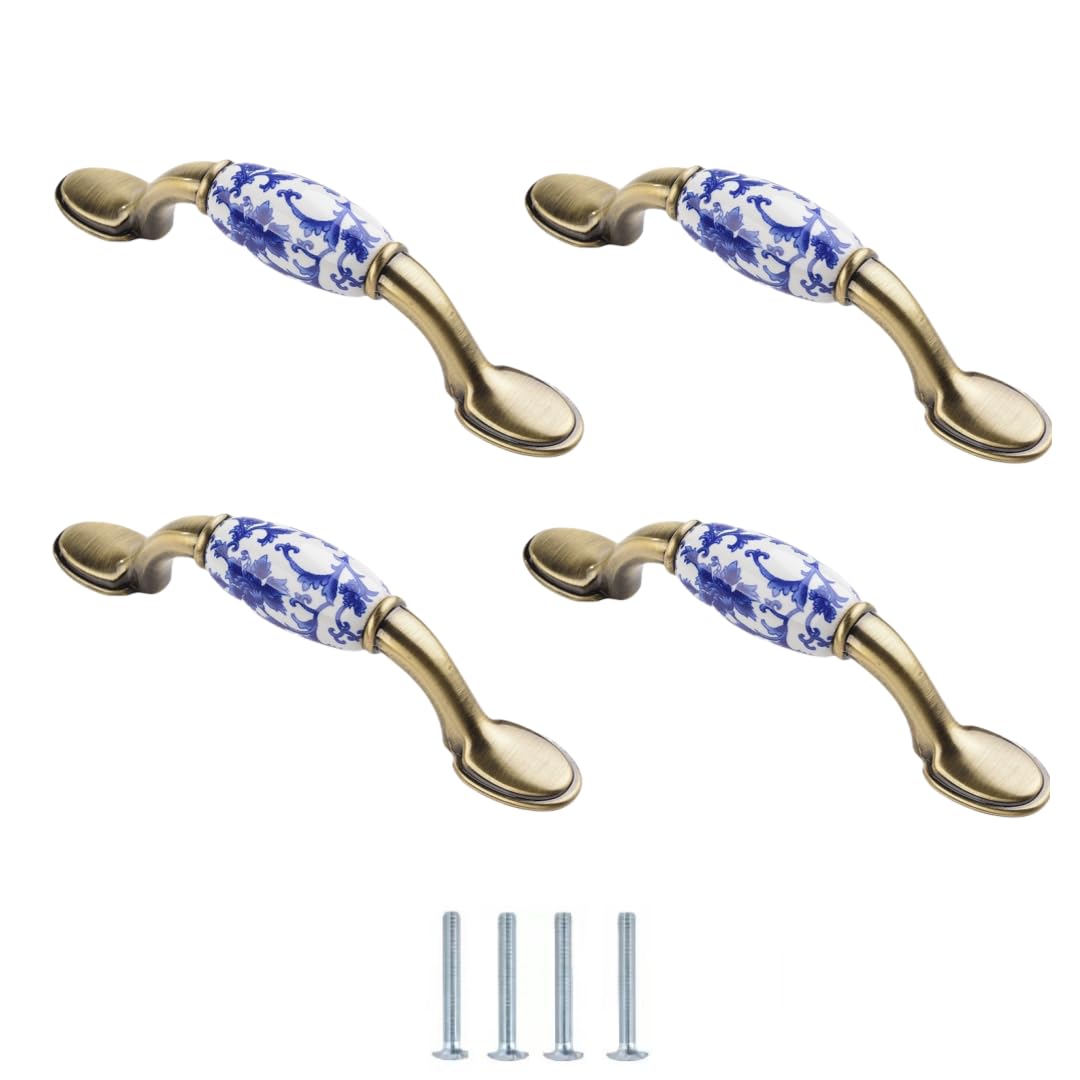 LQZAXSRDR Ceramic Cupboard Drawer Handle Knobs, Blue and White Porcelain Ceramic Knobs Pack of 4 Multiple Sizes Single Hole(125 * 18 * 28mm)