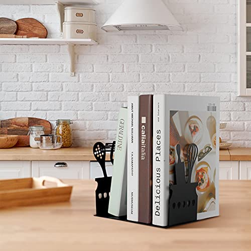 Black Kitchen Bookends 5.9 X 3.9 X 3.9 Inch Spoon Decorative Cookbook Metal Book Ends With Non-Slip Mat Metal Cookbook Storage Books Stoppers Metal Kitchen Cookbook Holder For Shelves Kitchen Book #TOP3