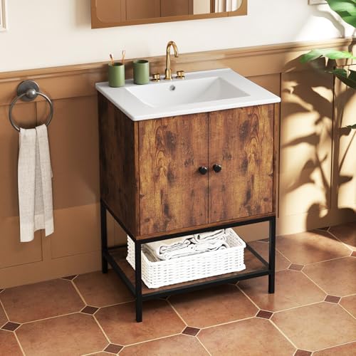 COSTWAY Mueble de Baño con Lavabo de Pared, Armario de Baño de Suelo con Lavabo de Cerámica, 2 Puertas y Estante Abierto, Mueble Independiente para Baño 61x46,5x87 cm