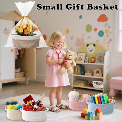 Image of Woven Rope Basket - Baby Gift Basket with Bag & Ribbon, Mixed Brown